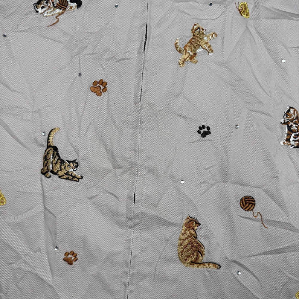Quacker Factory Jacket Womens Large Beige Cat Embroidered Rhinestone Twill Zip - Picture 2 of 8